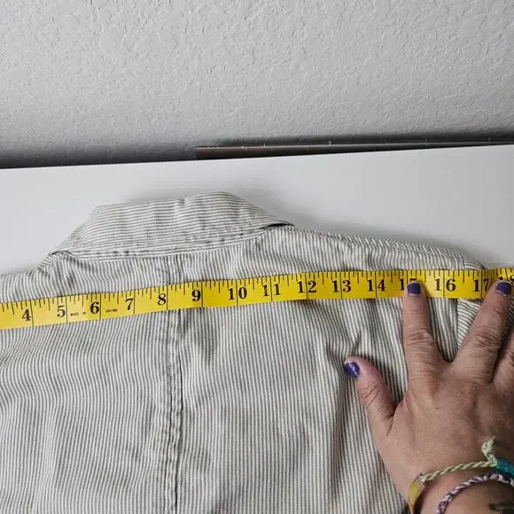 Talbots Blazer Women 8 Beige White Seersucker Stretch Cotton Jacket Button Front - Picture 9 of 9